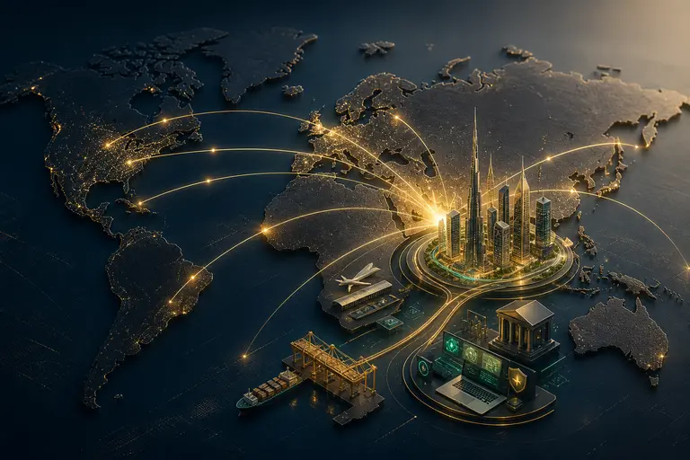 Illustration of international business routes connecting founders around the world with a company hub in Dubai