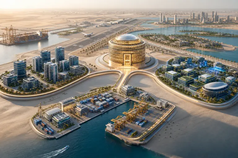 Illustration of connected UAE free-zone business districts linked to logistics, aviation and international trade